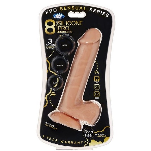 Pro Sensual Premium Silicone Dong W/ 3 C Rings Tan 8 "