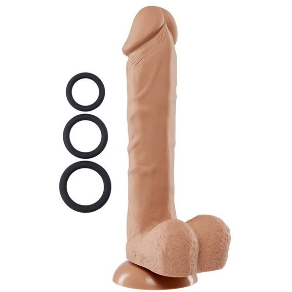 Pro Sensual Premium Silicone Dong W/ 3 C Rings Tan 9 "