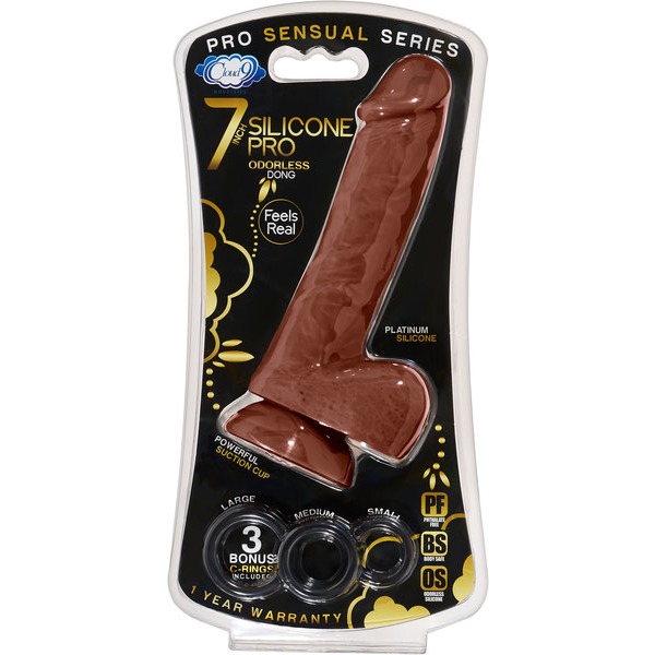 Pro Sensual Premium Silicone Dong W/ 3 C Rings Brown 7 "